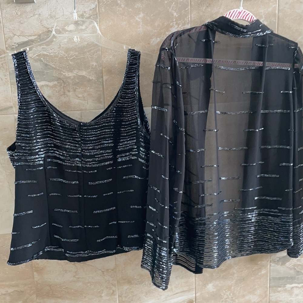 Black Sheer Sequin Button Down Blouse With Camiso… - image 3